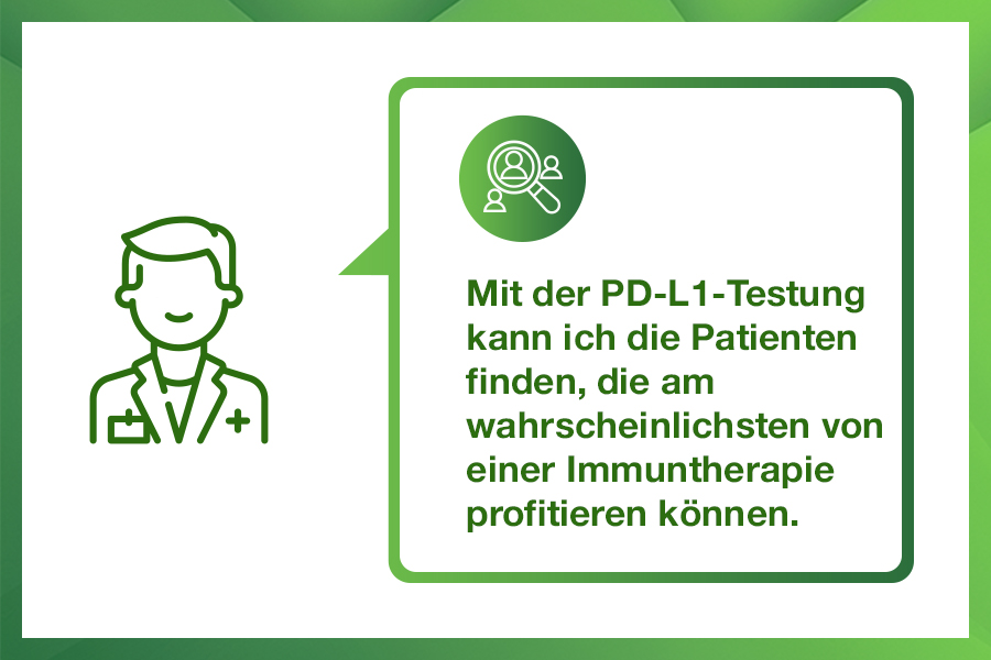 Grafik mit einem stilisierten Arzt und einer Sprechblase. Darin ein Icon mit einer Lupe und mehreren Personen sowie der Text:
„Mit der PD-L1-Testung kann ich die Patienten finden, die am wahrscheinlichsten von einer Immuntherapie profitieren können.“
Die Grafik betont die Bedeutung der PD-L1-Testung zur gezielten Auswahl geeigneter Patient:innen.