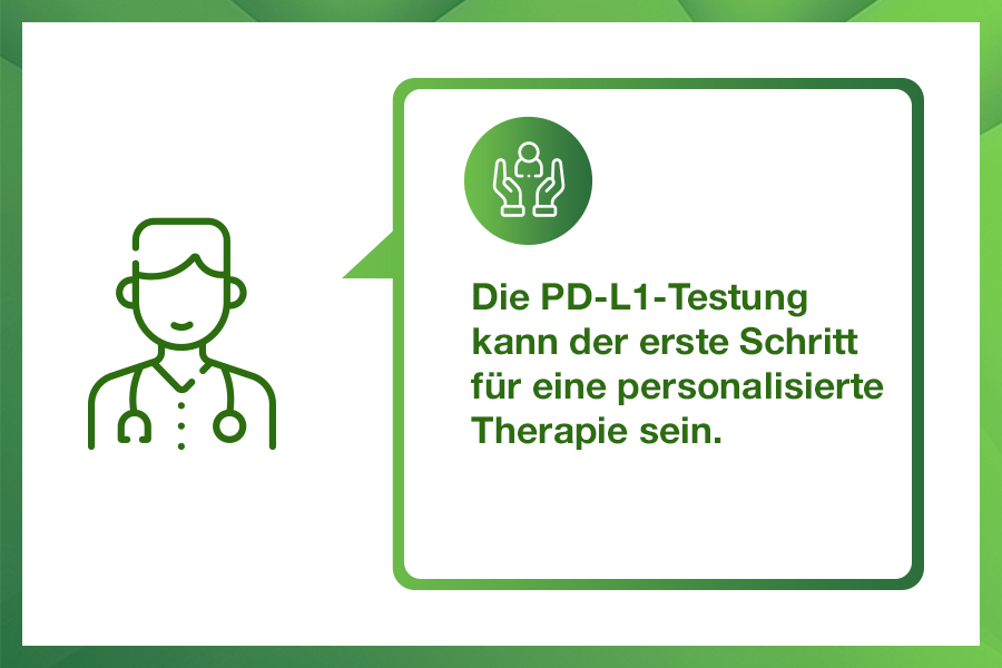 Illustration mit einem Arzt und einer Sprechblase, die ein Icon mit einer Person zwischen zwei schützenden Händen zeigt. Daneben steht:
„Die PD-L1-Testung kann der erste Schritt für eine personalisierte Therapie sein.“
Die Grafik hebt hervor, dass die PD-L1-Testung ein Ausgangspunkt für individualisierte medizinische Behandlungen ist.