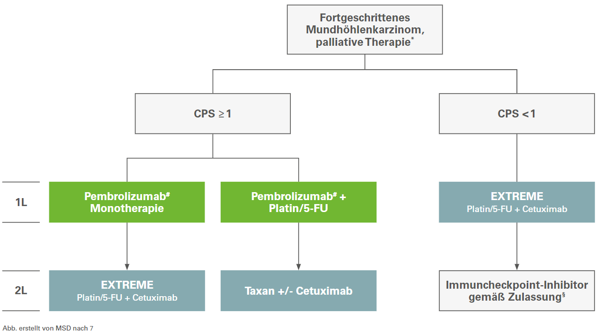 Die aktuelle AWMF S3-Leitlinie Diagnostik und Therapie des Mundhöhlenkarzinoms weist KEYTRUDA® in der Mono- oder Kombinationstherapie mit Platin- und 5-FU-Chemotherapie zur Erstlinienbehandlung des metastasierenden oder nicht resezierbaren rezidivierenden Plattenepithelkarzinoms der Kopf-Hals-Region (PD-L1 CPS ≥ 1) mit dem höchsten Empfehlungsgrad A aus. Der starke Empfehlungsgrad gilt für die Behandlung von Patienten mit PD-L1-exprimierenden Tumor- und Immunzellen (CPS ≥ 1).7