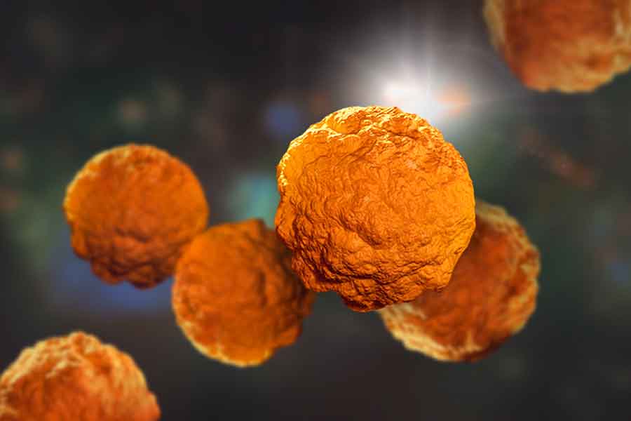 Runde orangene Viren vor einem neutralen dunklen Hintergrund.