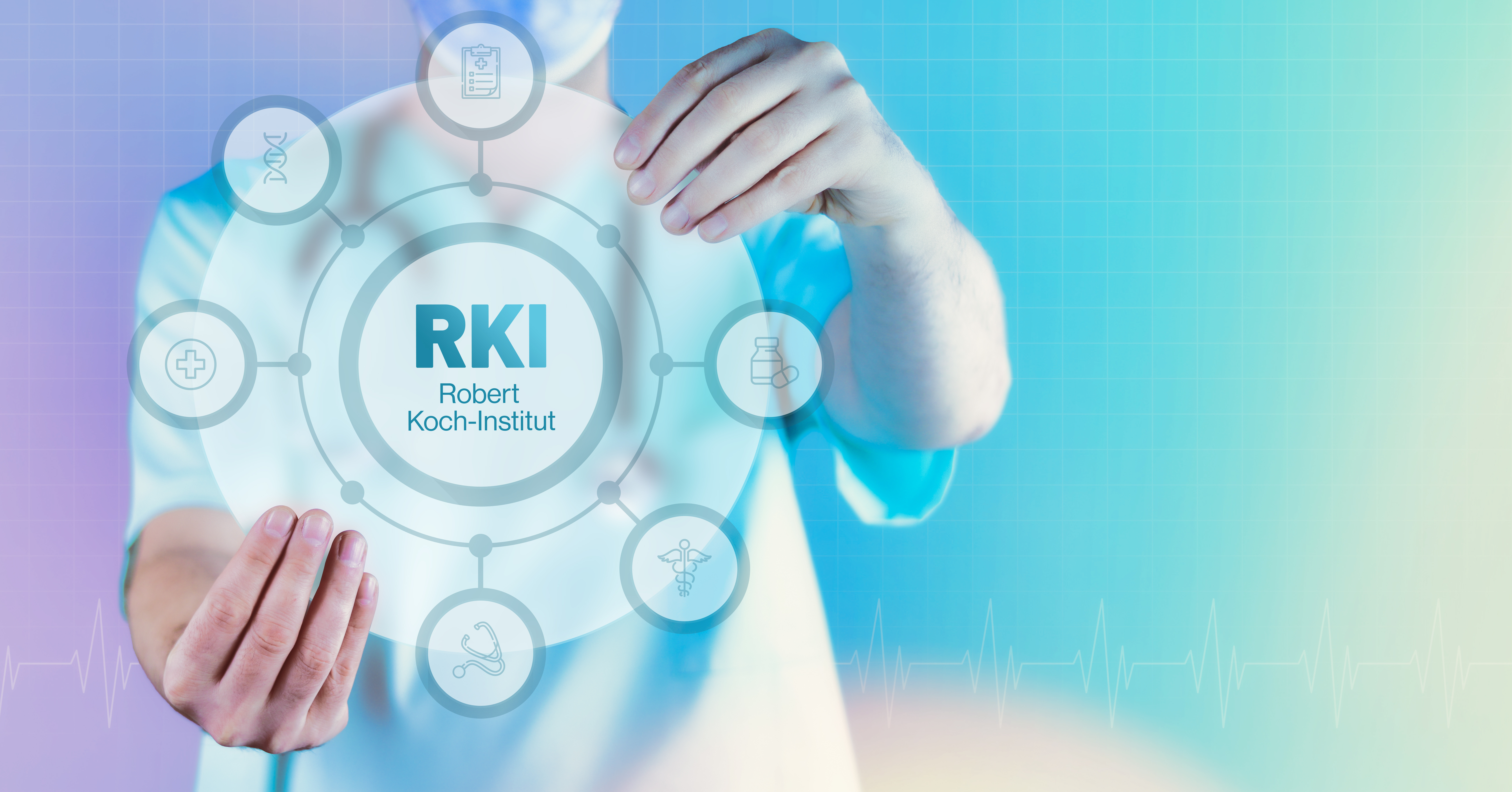 Ein Arzt hält eine Abbildung mit der Aufschrift RKI, Robert Koch-Institut, vor sich.