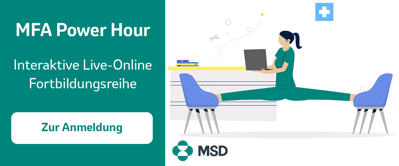 Anmeldung MFA Power Hour und Illustration einer Frau, die einen Spagat zwischen zwei Stühlen macht.