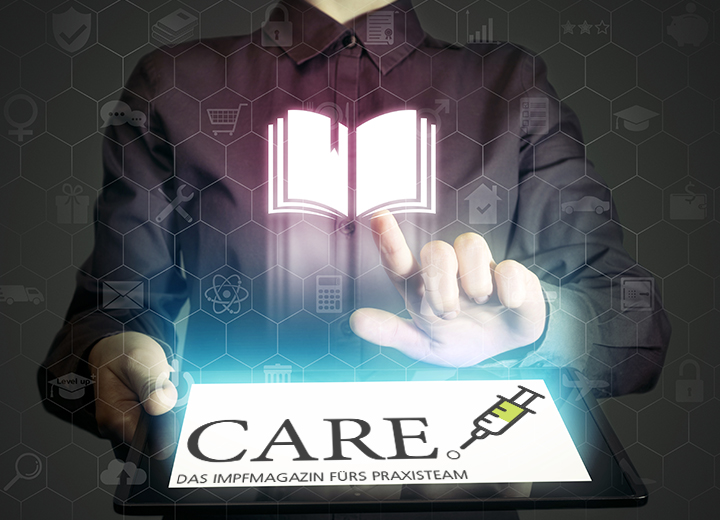 Eine Person in dunkler Kleidung nutzt ein digitales Tablet. Auf dem Display ist der Schriftzug „CARE – Das Impfmagazin fürs Praxisteam“ mit einer gezeichneten Spritze zu sehen. Darüber schwebt ein leuchtendes Buchsymbol, das für digitale Wissensvermittlung steht. Der Hintergrund enthält stilisierte Icons aus Bereichen wie Medizin, Technologie und Bildung.