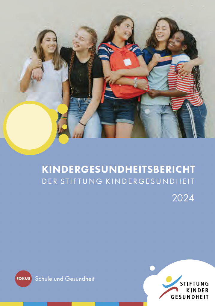 Die Abbildung zeigt das Cover des Kindergesundheitsberichts 2024, auf dem eine Gruppe Mädchen abgebildet ist.