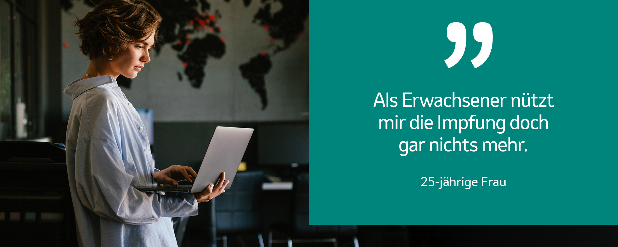 Die Abbildung zeigt eine junge Frau mit einem Laptop in der Hand. Daneben stellt die Frage den Nutzen der HPV-Impfung für Erwachsene in Frage.