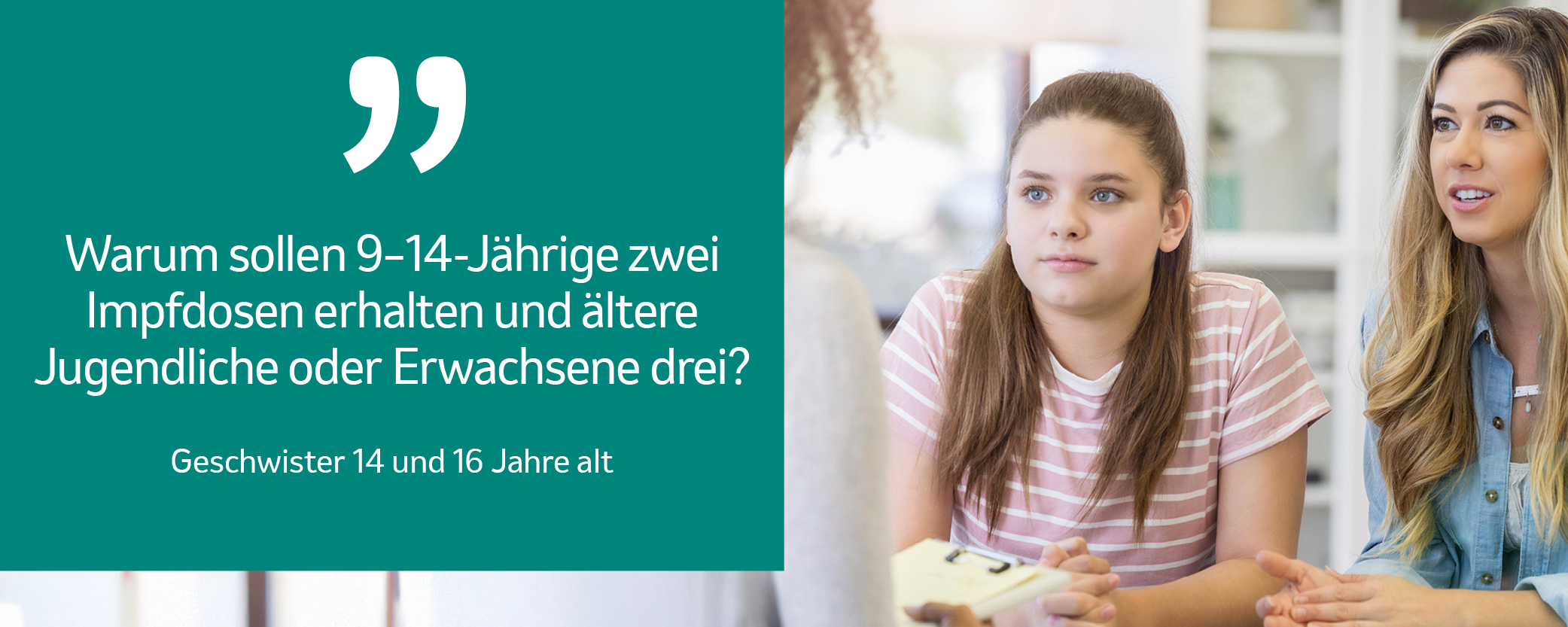 Das Bild zeigt zwei Mädchen, die zusammen in einem Gespräch sind. Daneben wird eine Frage zur Dosierung des HPV-Impfstoffes im Dialogstil präsentiert.