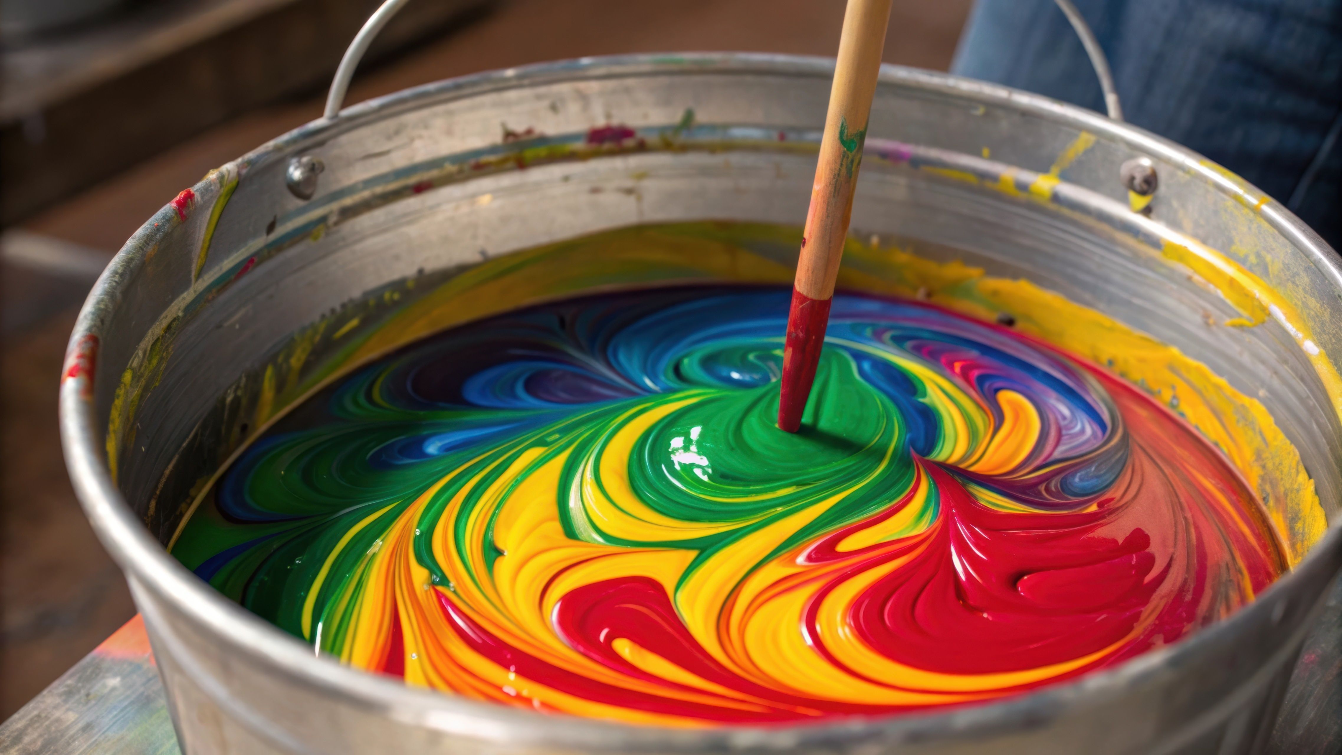 Eimer, in dem viele Farben gemischt werden