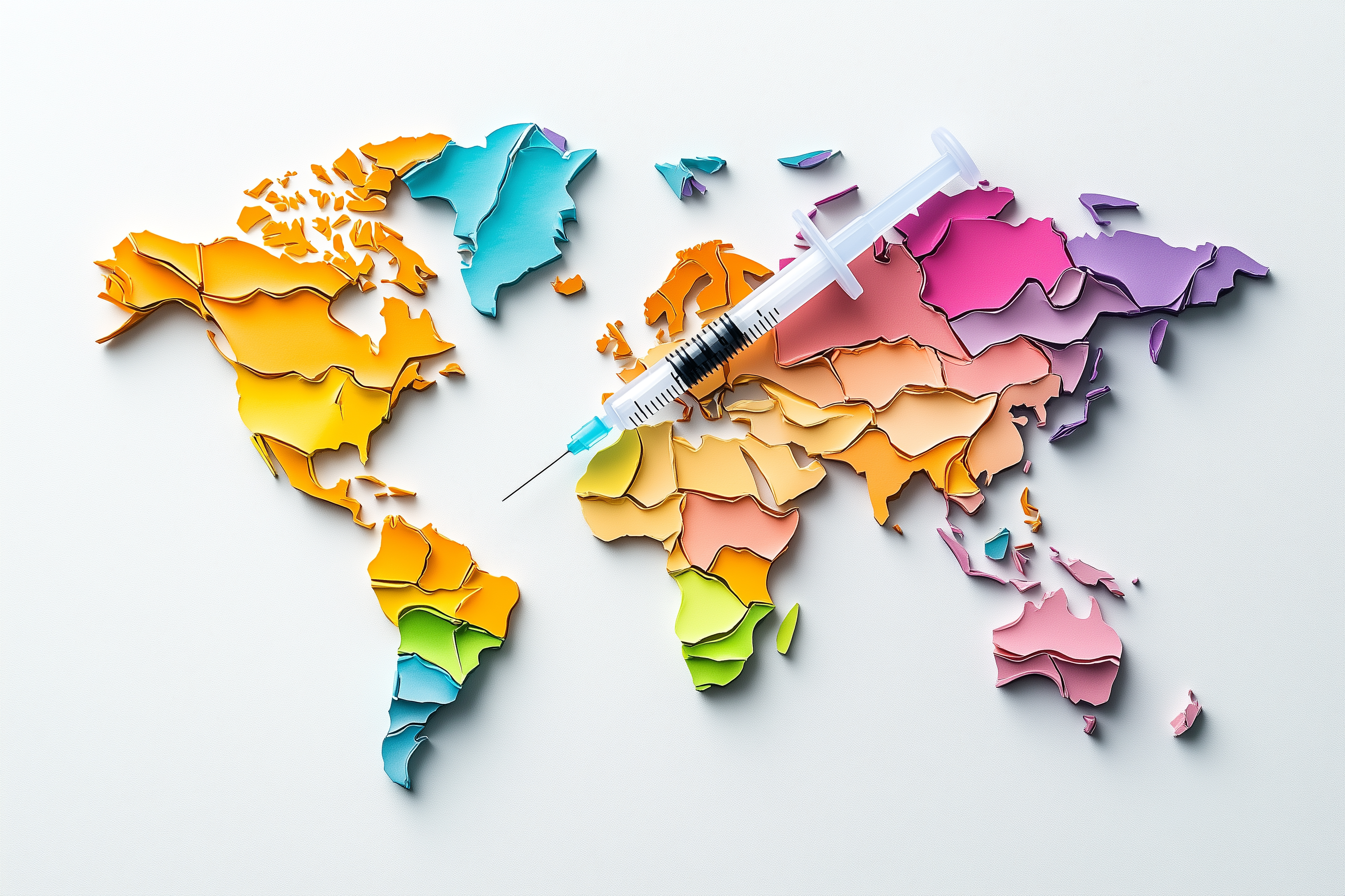 Eine bunte, plastisch gestaltete Weltkarte auf weißem Hintergrund. Eine große Spritze liegt über der Karte und zeigt mit der Nadel auf den Nahen Osten. Die kräftigen Farben und die Anordnung der Länder in 3D-Optik symbolisieren Vielfalt und betonen die globale Dimension von Impfkampagnen.