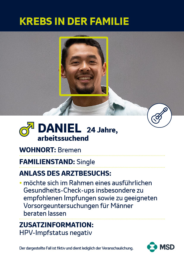 Junger Mann mit kurzen Haaren und Bart, daneben Infotext: Daniel, 24, Architekturstudent aus München, ledig, möchte sich wegen familiärer Krebsvorgeschichte umfassend zu empfohlenen Impfungen und Präventionsmaßnahmen beraten lassen. HPV-Impfstatus negativ.