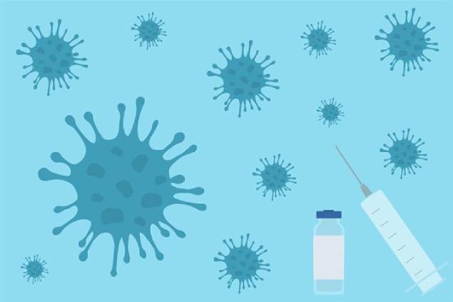 Illustration viraler Erreger, eines Impfstoff-Vials sowie einer Spritzen-Kanülen-Kombination.