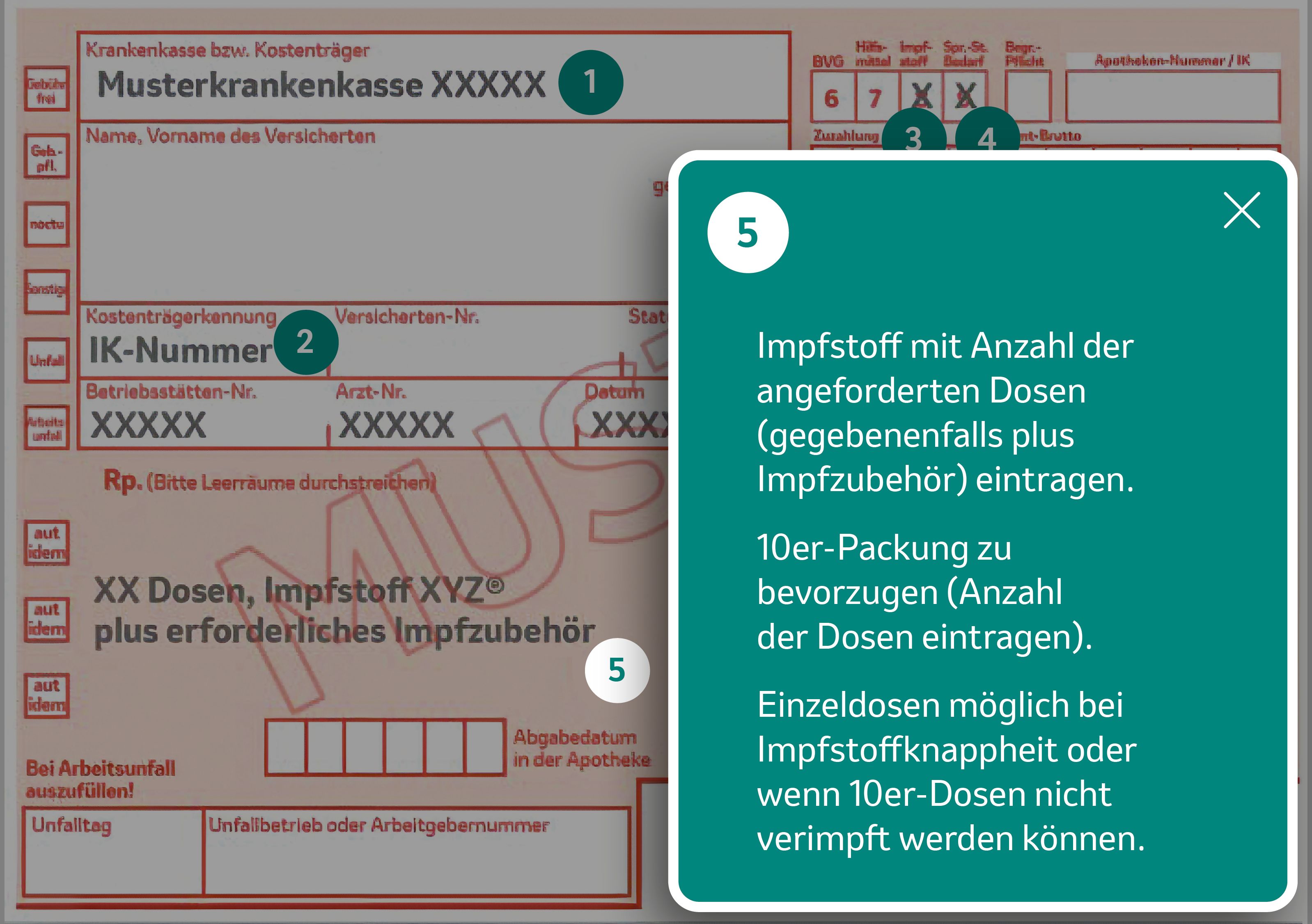 Rezeptmuster mit Ausfüllhinweisen zum Verordnungsfeld „Rp.“