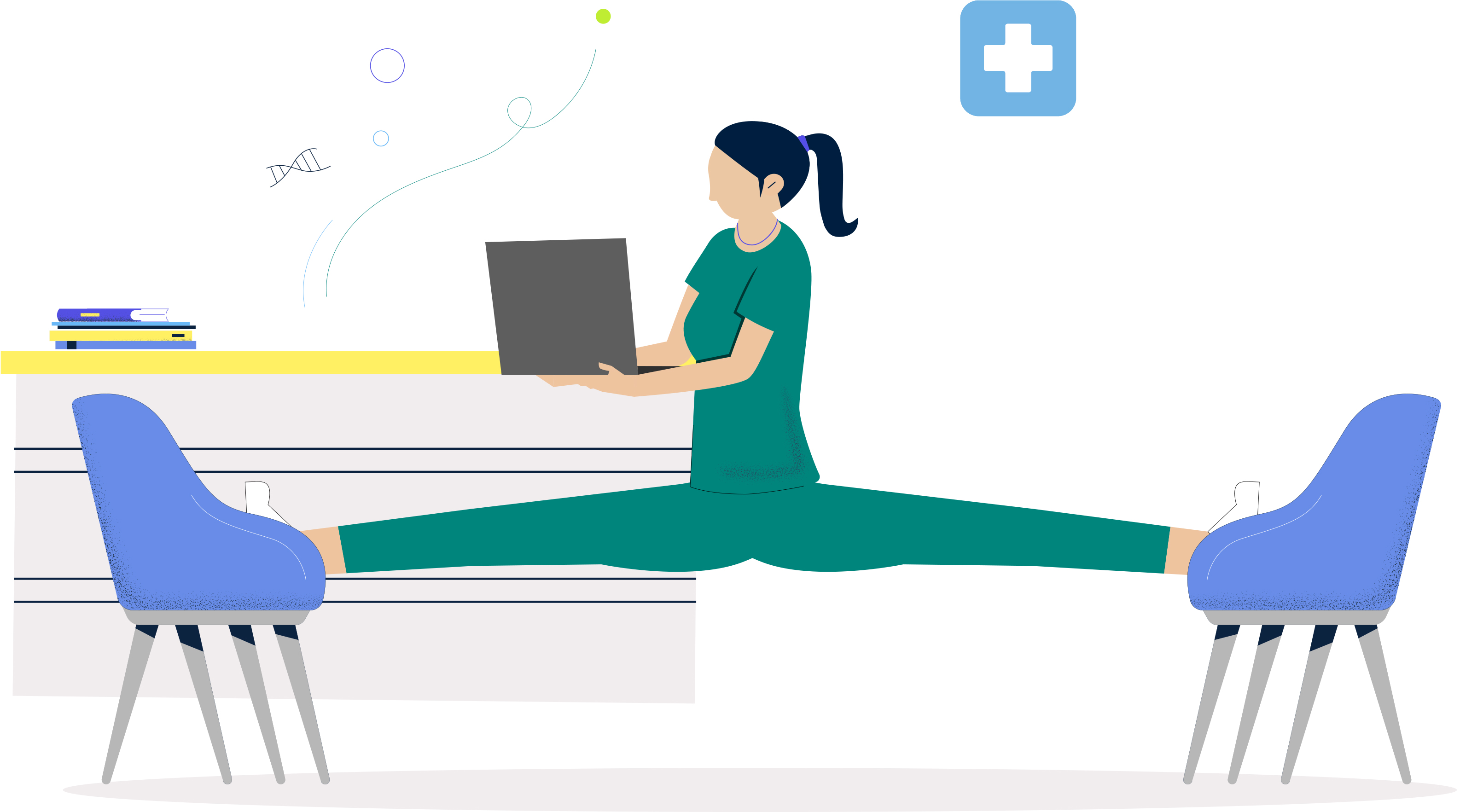 Eine MFA macht einen Spagat auf zwei Stühlen mit einem Laptop in der Hand.