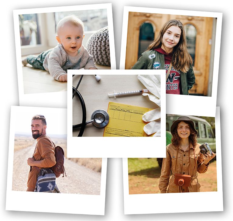 Collage aus Polaroid-Fotos, die Personen unterschiedlicher Altersgruppen sowie einen Impfpass zeigen