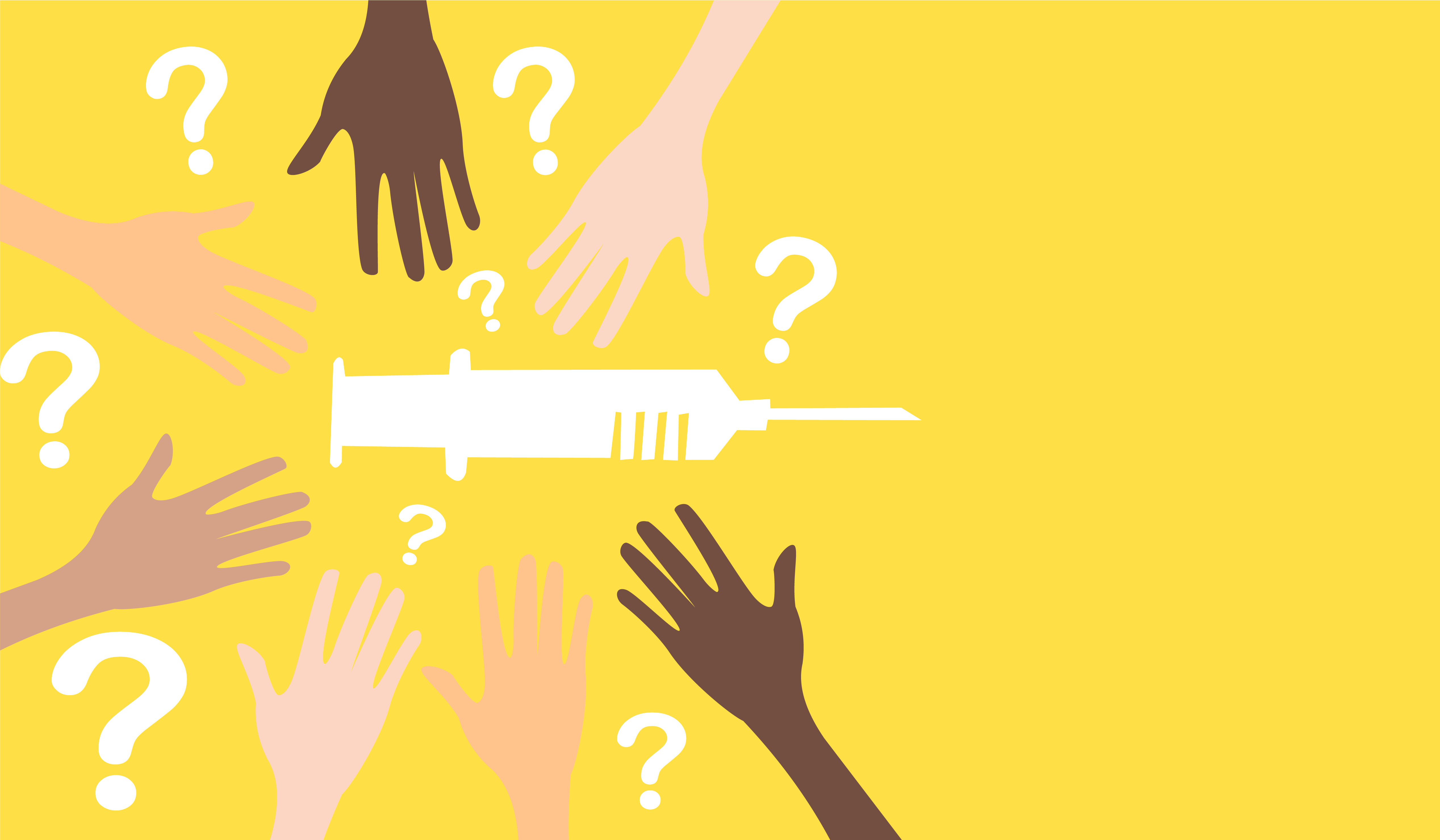 Mehrere Hände und Fragezeichen um eine Spritze herum