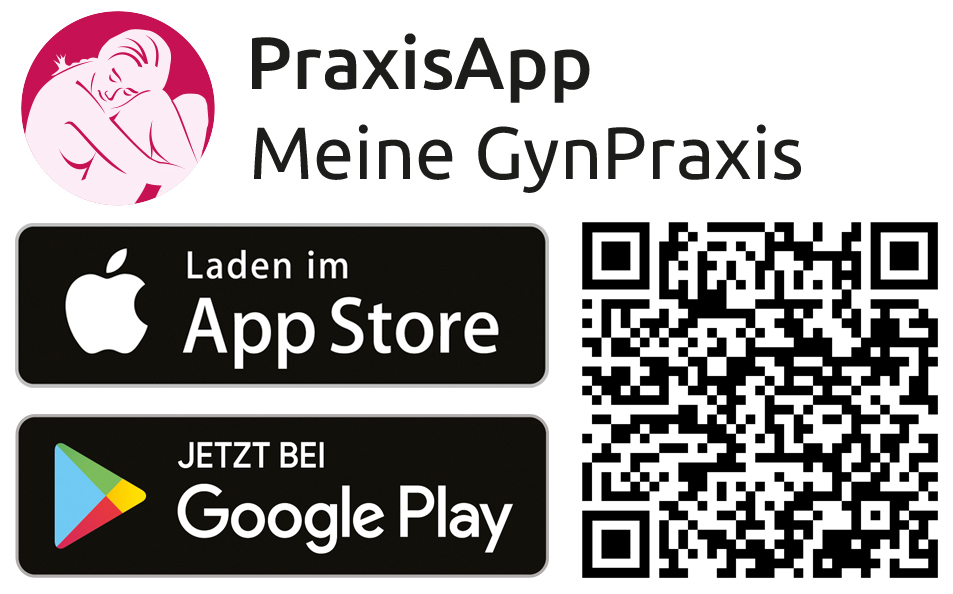 Die Abbildung zeigt eine Bilddatei mit einem QR-Code, der zur PraxisApp „Meine GynPraxis“ führt. Zusätzlich sind das Logo der App, der App-Name sowie Download-Buttons für den App Store und Google Play abgebildet.