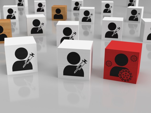 Klötze mit vielen geimpften, wenigen ungeimpften und einer infektiösen Figur