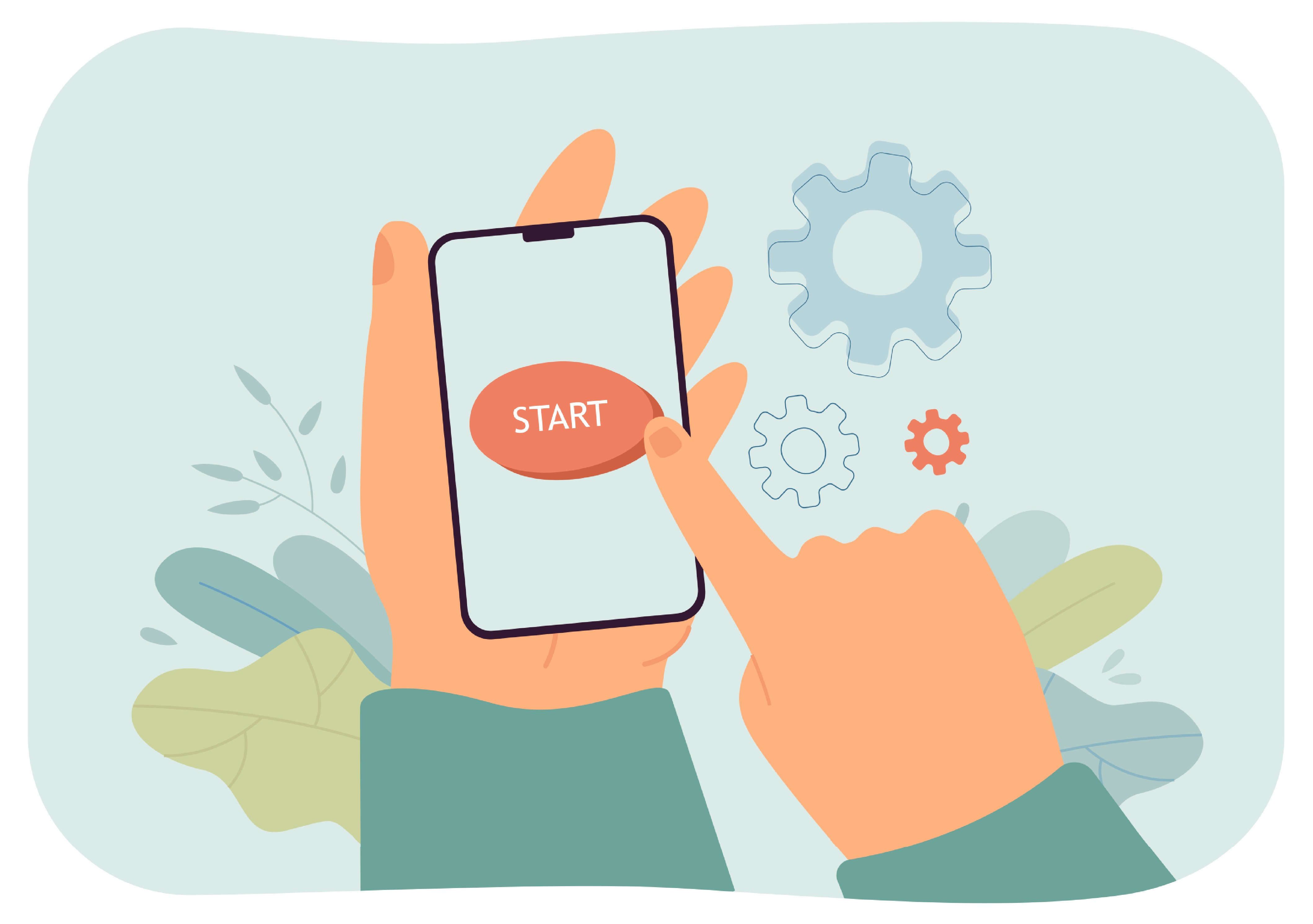 Illustration einer Hand, die ein Smartphone mit einer Start-Schaltfläche hält; im Hintergrund sind Zahnräder und grafische Elemente dargestellt, die digitale Prozesse und App-Nutzung symbolisieren.